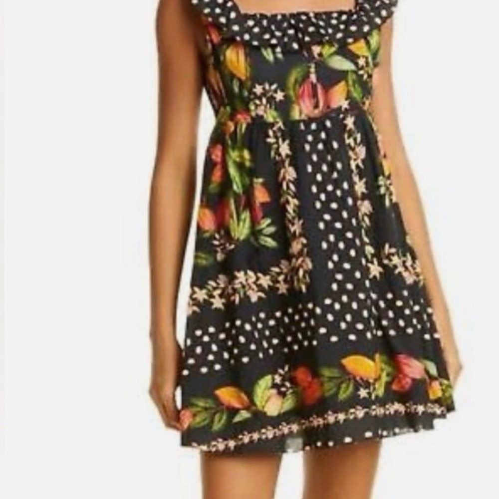 FARM Rio Cocoa Paradise Mini Dress Tropical Polka Dot Ruffle Size XS